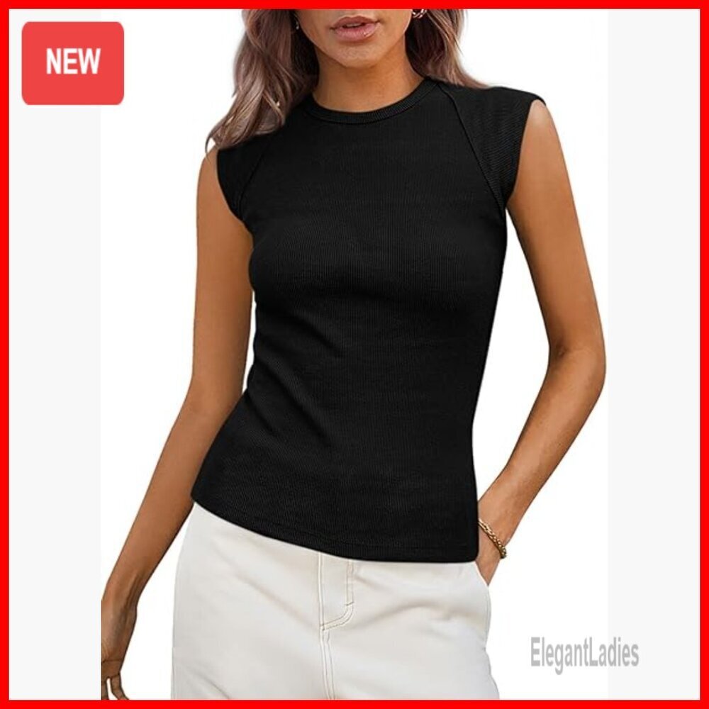 Slim Fit Ribbed Tank Top Cap Sleeve Crew Neck Summer Basic Tee
